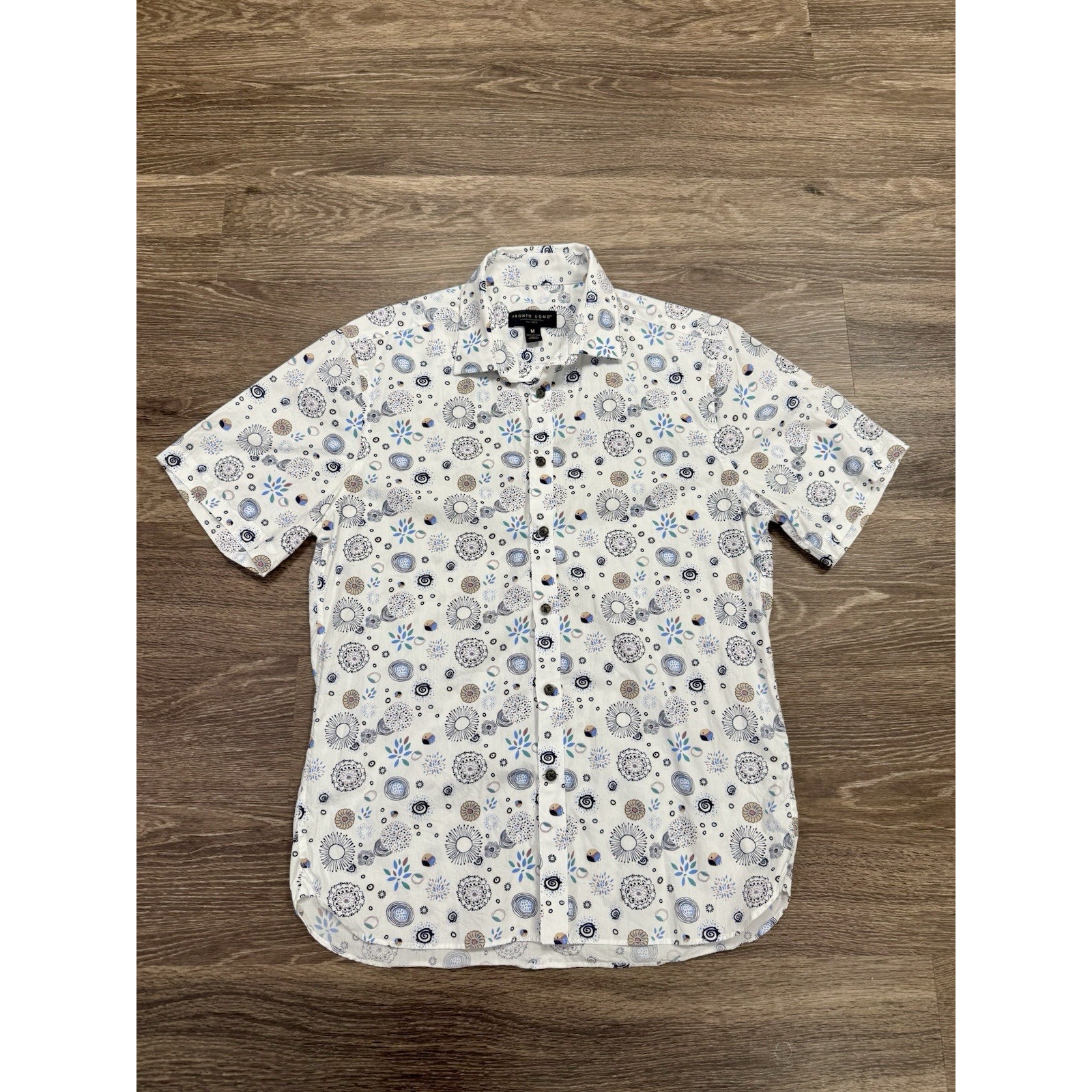 Pronto Uomo Mens Medium Short Sleeve Button Shirt Floral Geometric Cotton